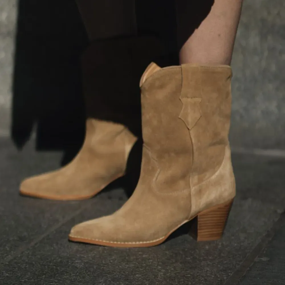 Classic Faux-Suede Pointed-Toe Chunky-Heel Platform Western Boots