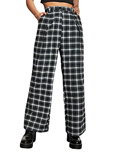 Women's Tartan Plaid Mid Waist Straight Pants