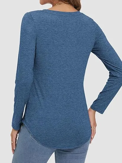 Women's V-Neck Long Sleeve Tee - Soft Curved Hem Top