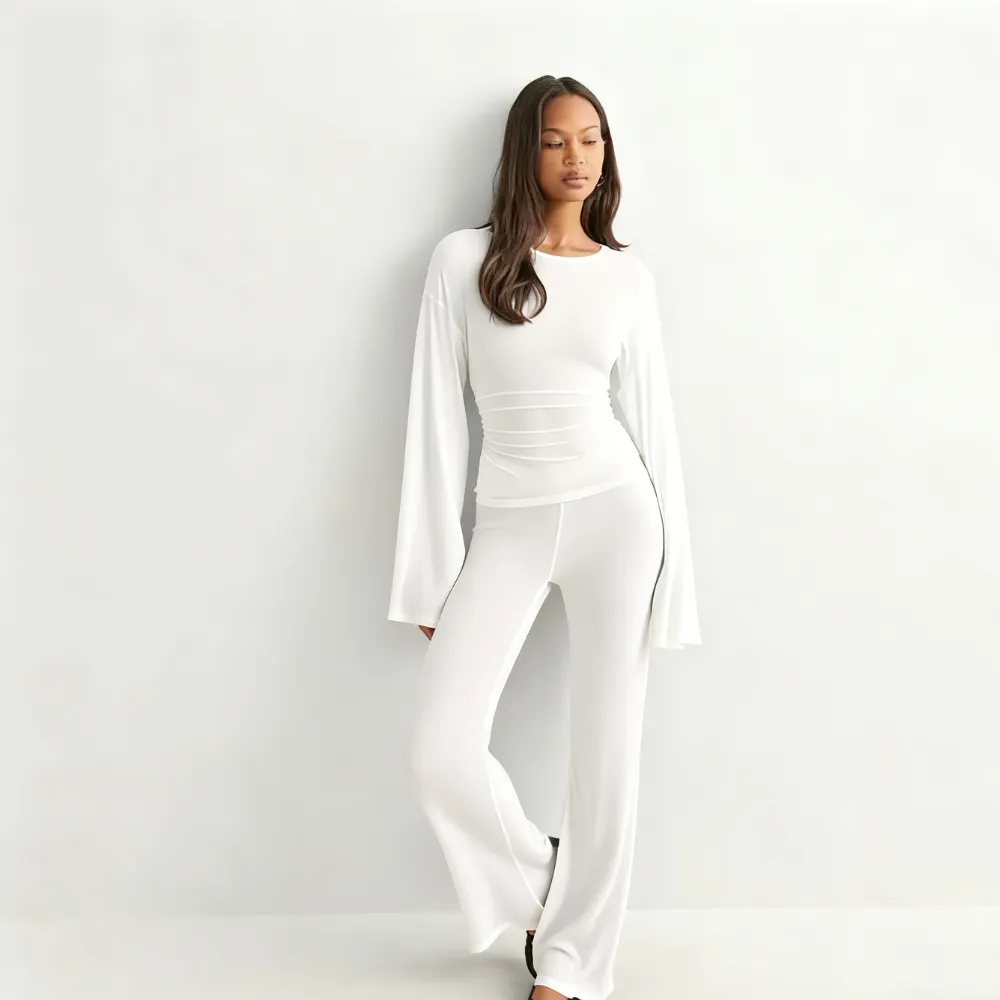 Women's Fall New Round Neck Flare Long Sleeve Top & Elastic Waist Straight Leg Pants Set