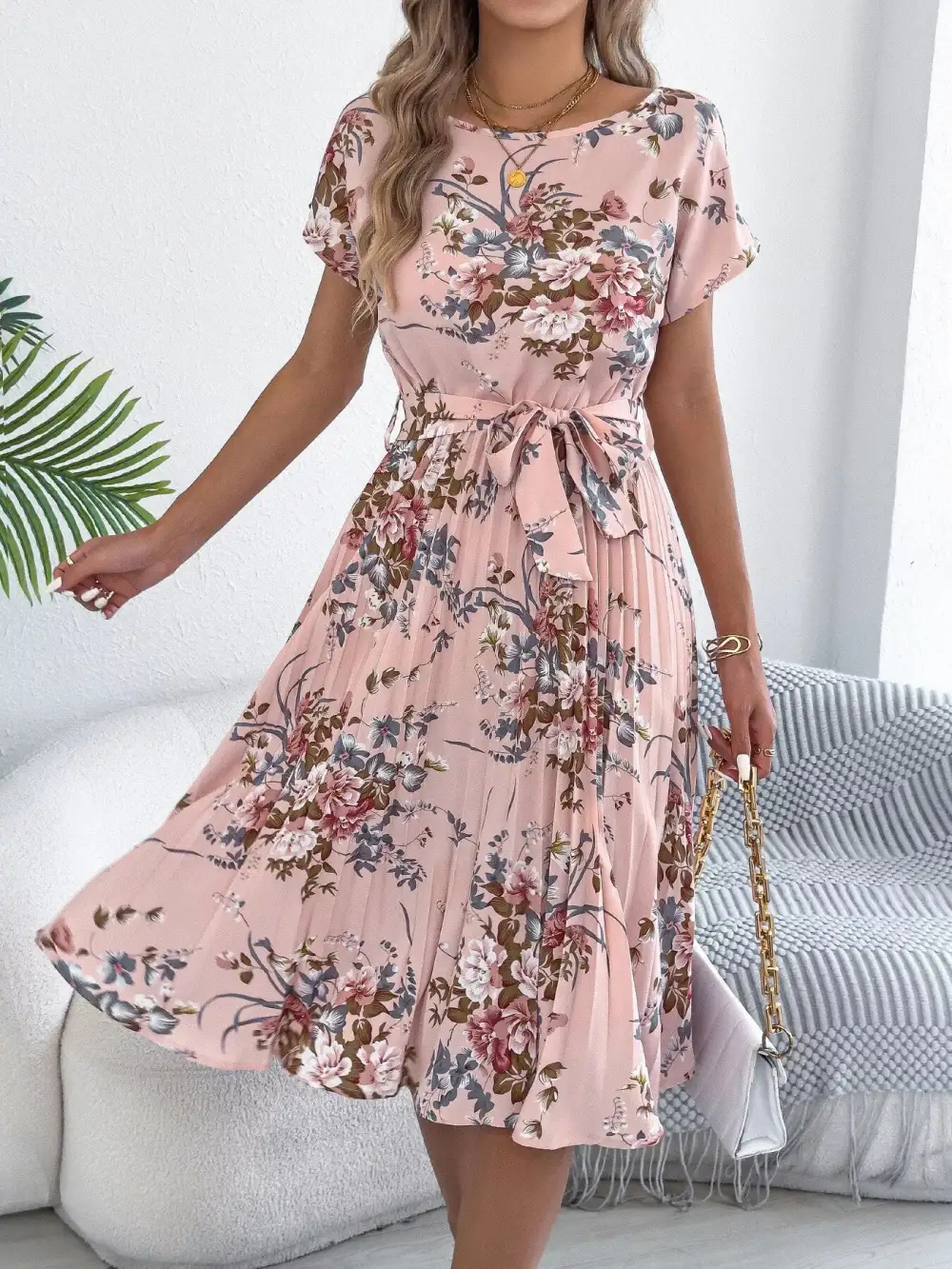 Print Pleated A-line Midi Dress