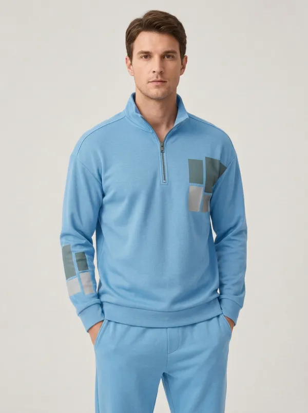 Men's Geometric Block Pattern Printed Quarter Zip Sweatshirt