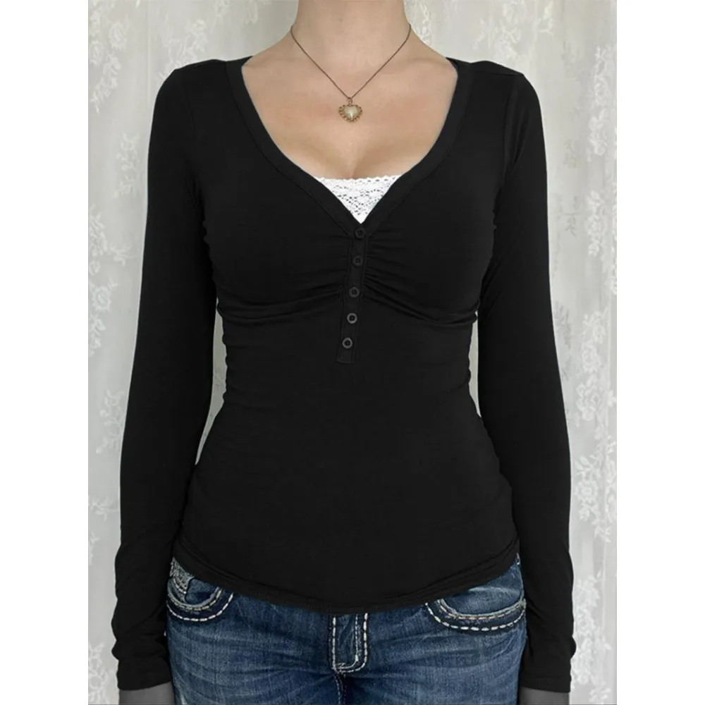 Women's Contrast Lace Button V Neck Tee