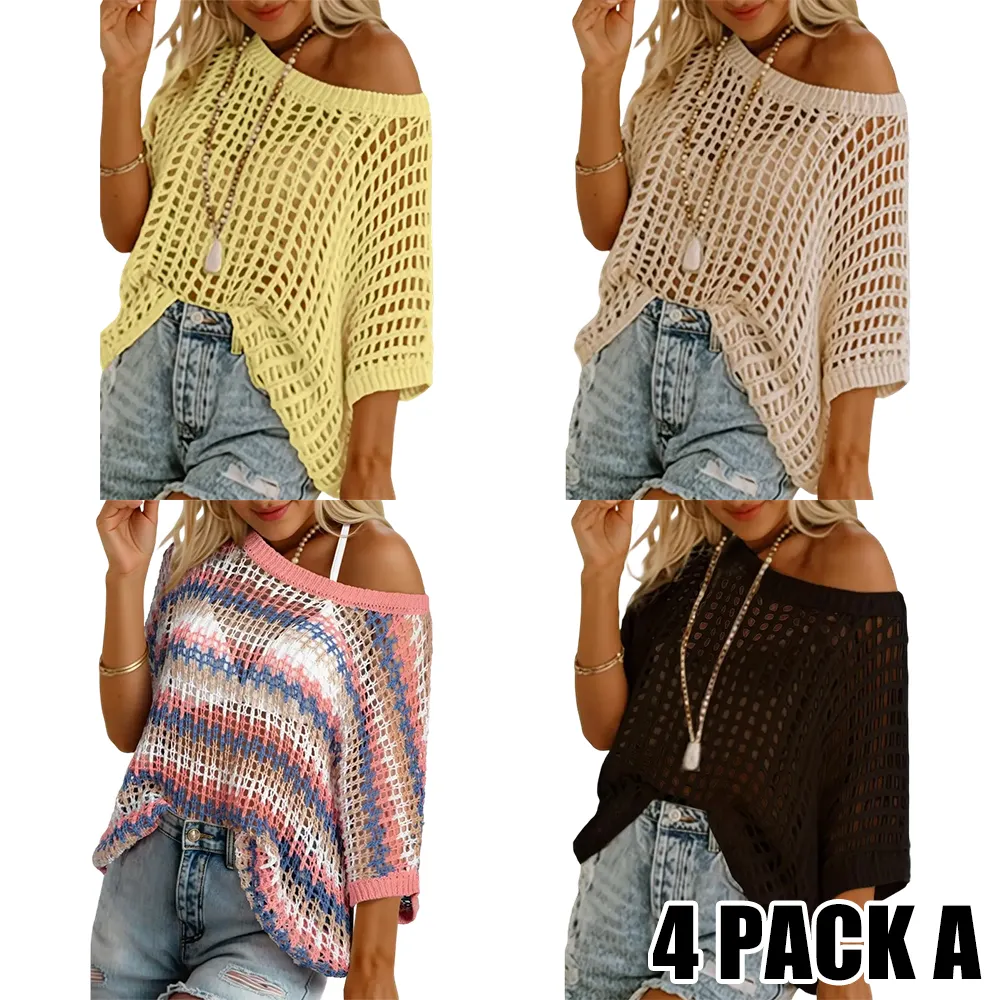 Women's Summer Scoop Neck Short Sleeve Sweater Casual Crochet Hollow Out Knit Tops Pullover Shirts Beach Coverup