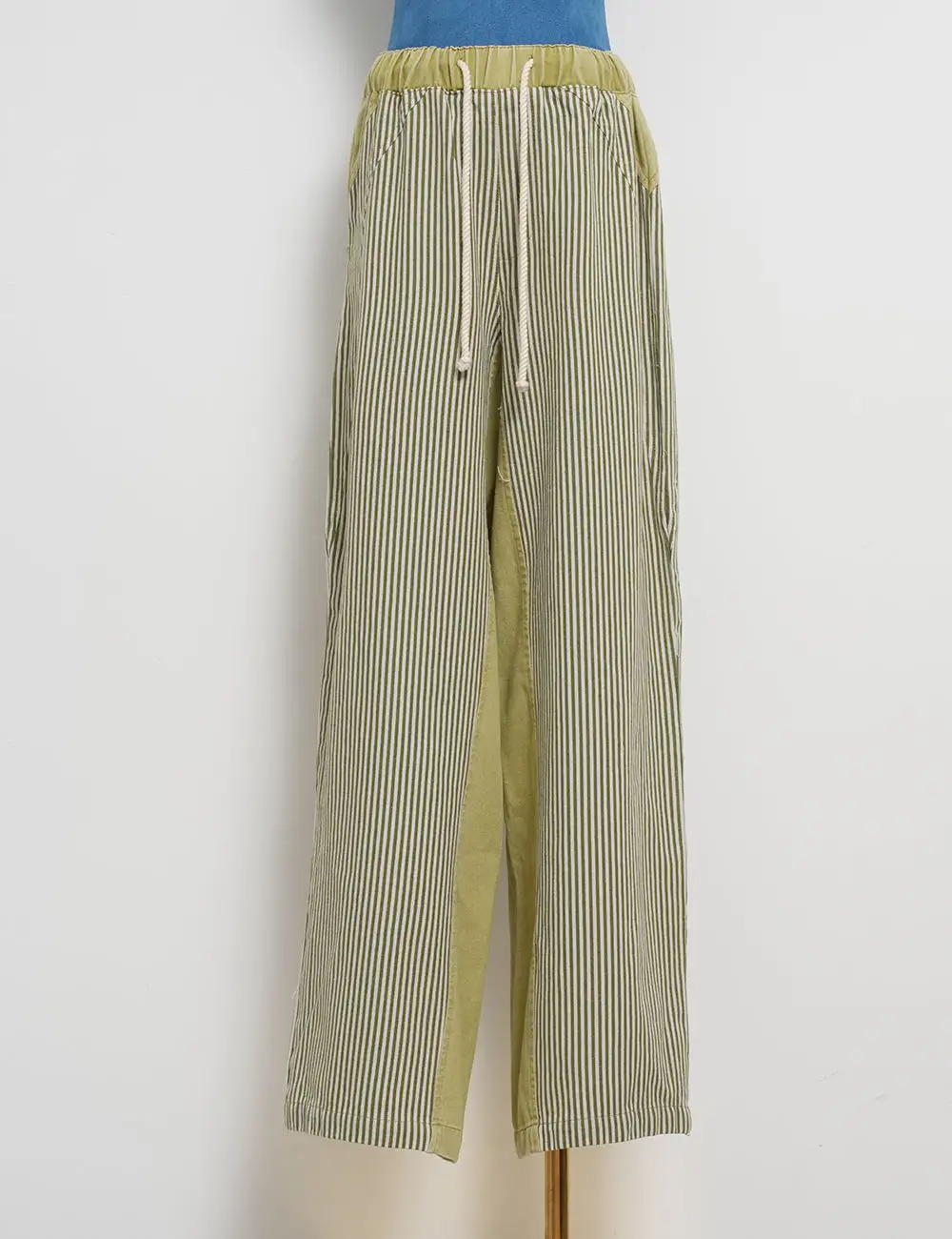 Striped Color Block Elastic Waist Tie Denim Pants