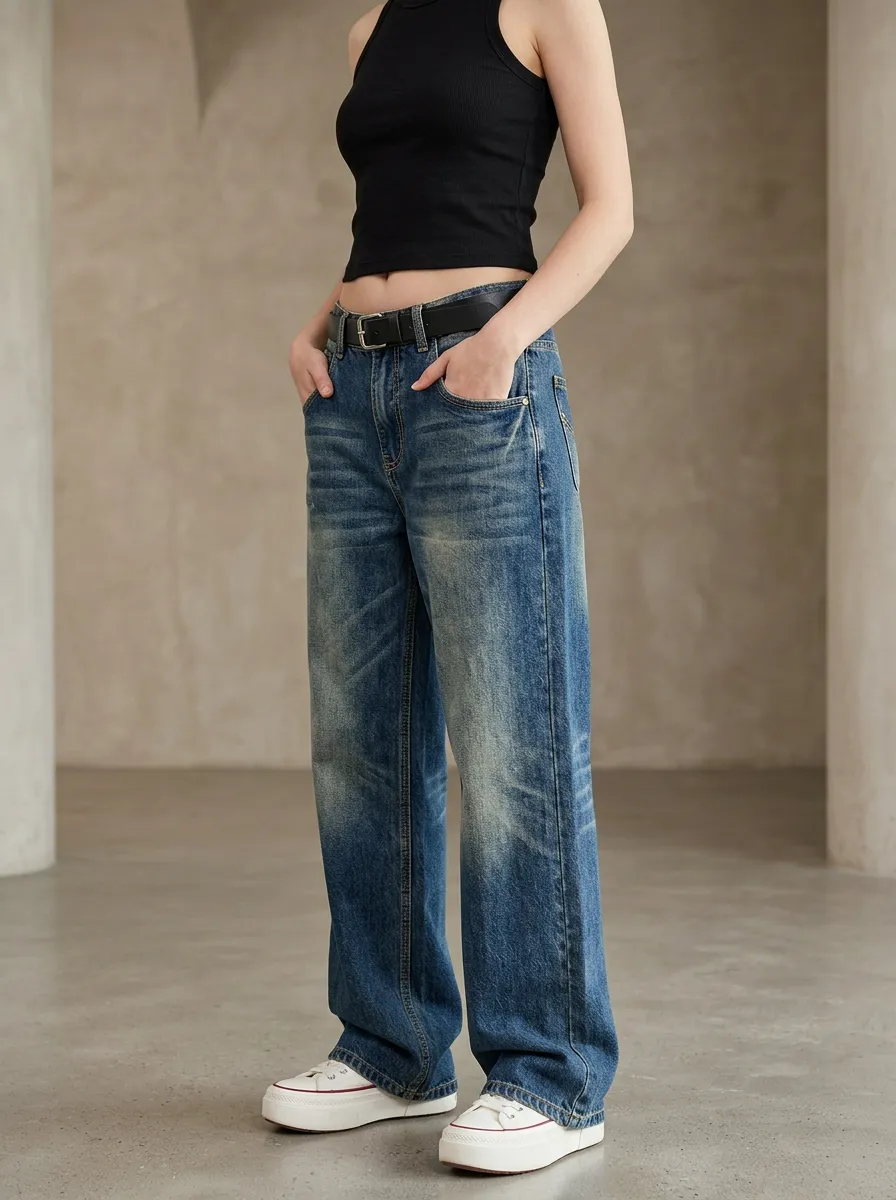 Women's Vintage Style Distressed Wash Wide Leg Denim Jeans