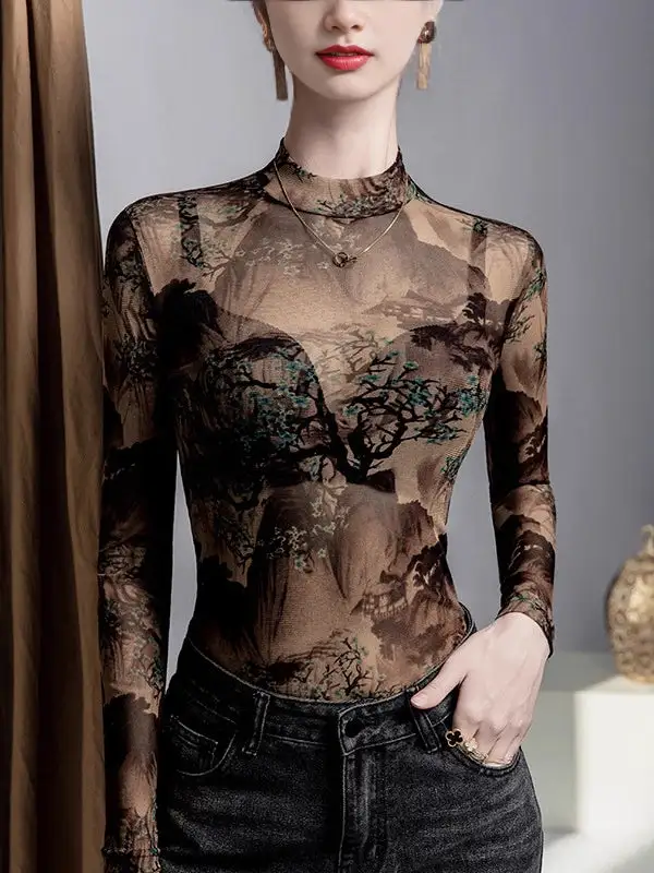 Long Sleeve Curve Fit Asymmetric Mesh Sheer Panel Detail Round Neck T-Shirt