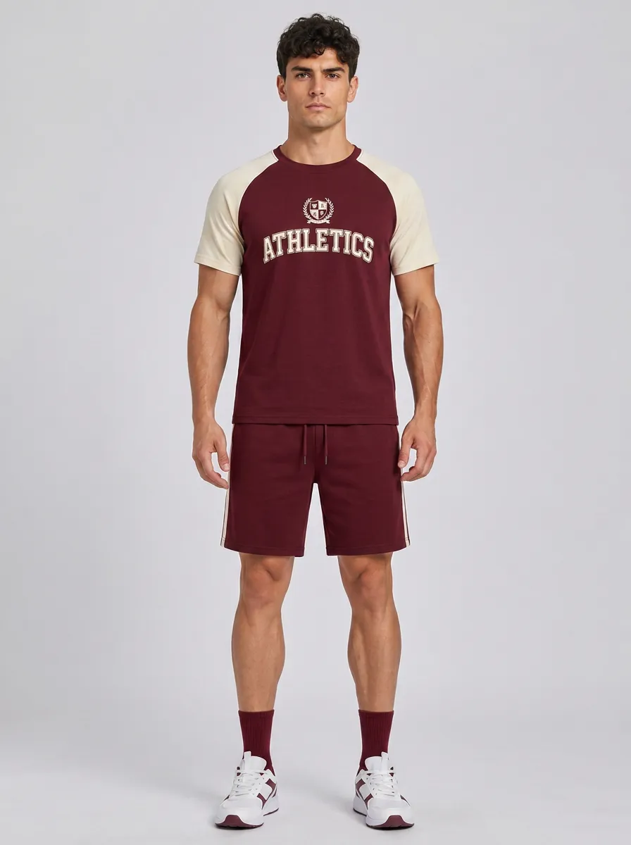 Men's Athletics Varsity Logo Printed Raglan T-shirt and Shorts Set