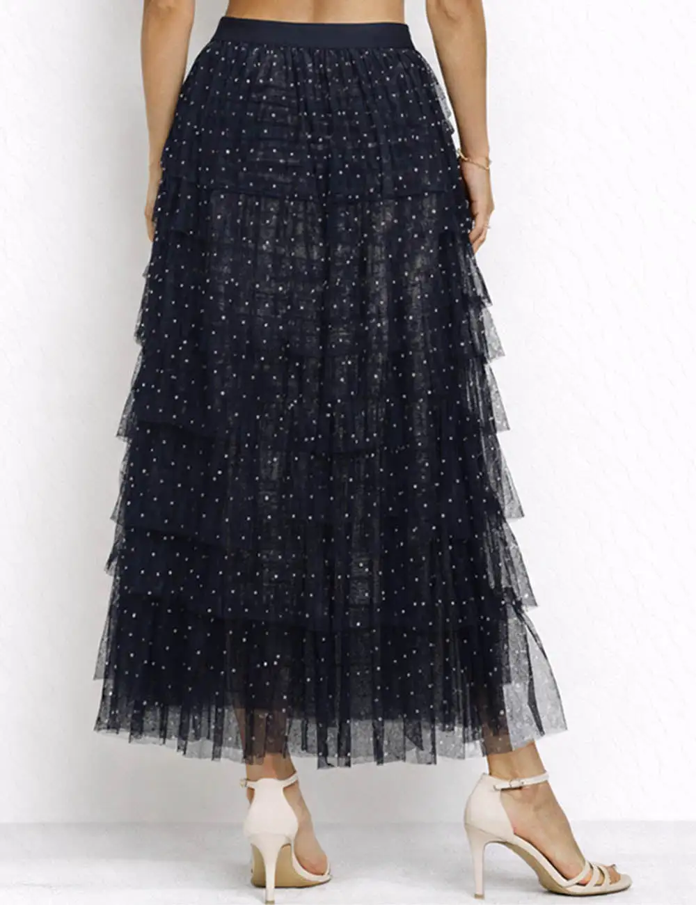 Chic Polka Dot Tiered Ruffle Elastic Waist Midi Skirt