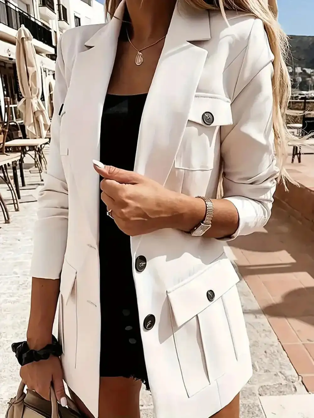 Refined Double-Breasted Lapel-Collar Long-Sleeve Blazer