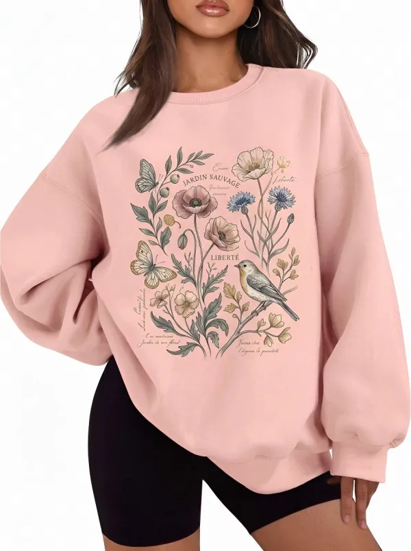 Women's Botanical Garden Bird Butterfly Printed Sweatshirt