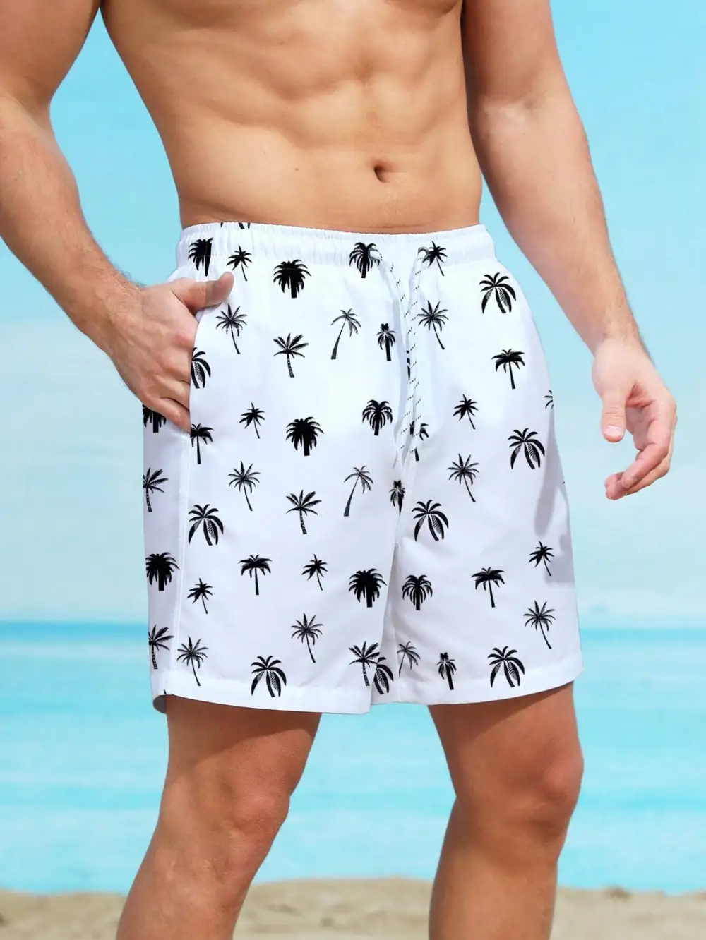 Men's Coastal Coconut Tree Print Swim Trunks