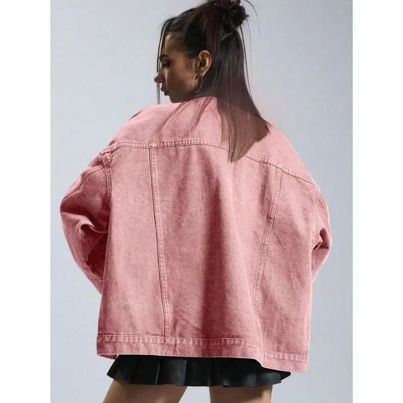 Women's Plain Button Front Drop Shoulder Denim Coat