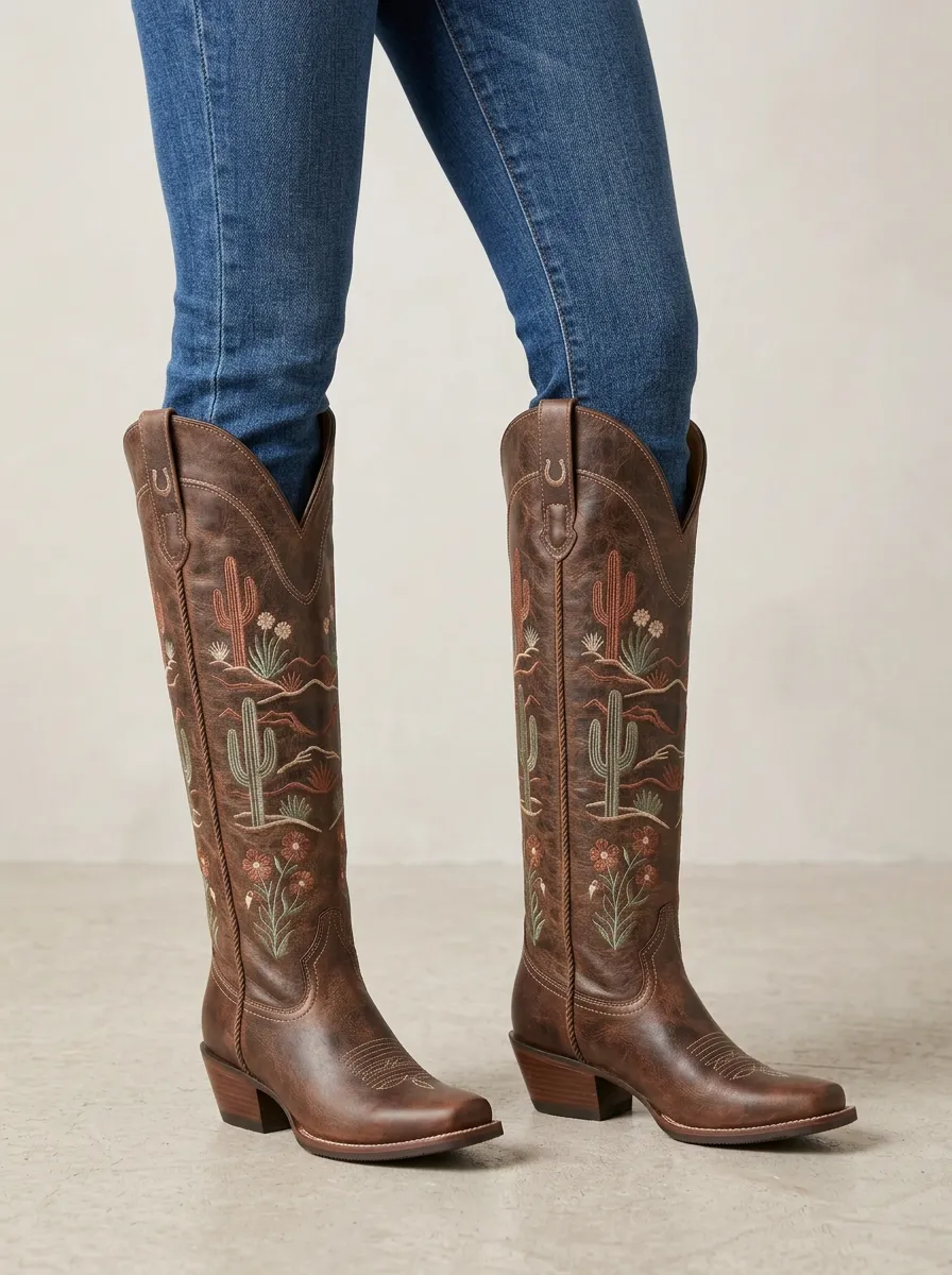 Women's Western Cactus Floral Embroidered Piped Block-Heel Stacked-Heel Denim Over-the-Knee Boots