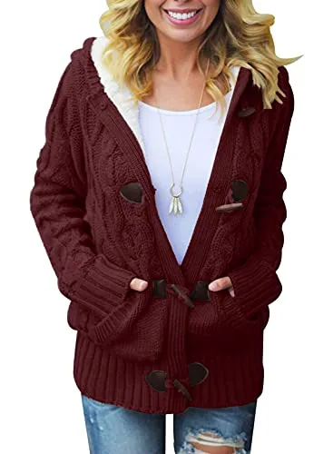 Women Hooded Knit Cardigans Button Cable Sweater Coat