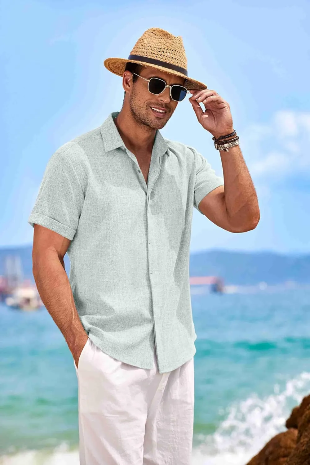 Men's Linen Shirts Short Sleeve Casual Shirts Button Down Shirt for Men Beach Summer Wedding Shirt