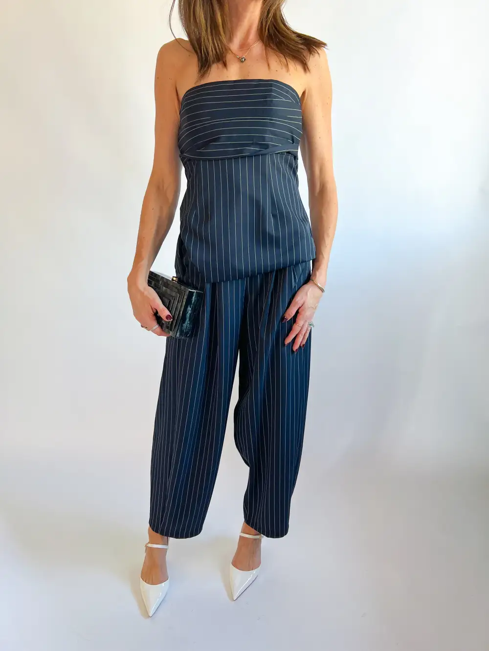 Pinstriped Strapless Top And Pants Set