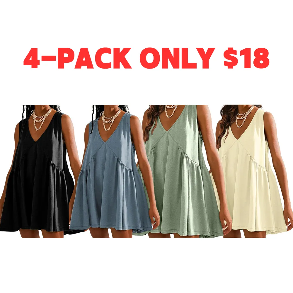 Women's Sleeveless Mini Dress Casual Loose V Neck Sundress with Pockets