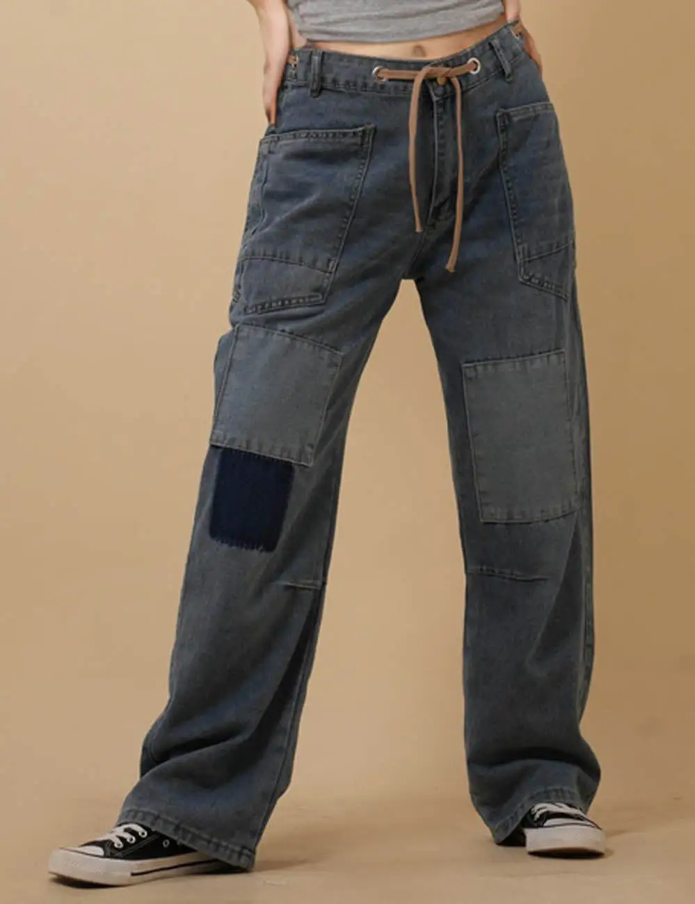 String Tie Jeans Denim Splice Straight Leg Pants