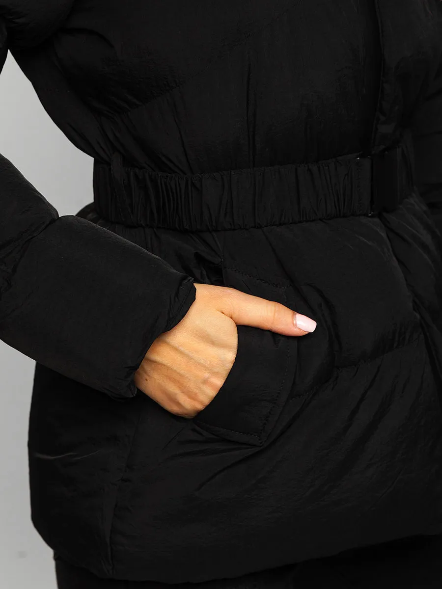 women's black quilted winter jacket with hood