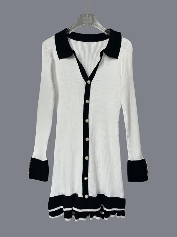 Bodycon High Waisted Buttoned Contrast Color Ruffle V Neck Knit Dress