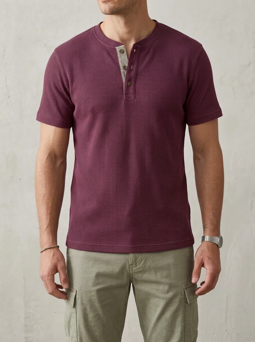 Men's Classic Waffle Knit Button Placket Henley Shirt