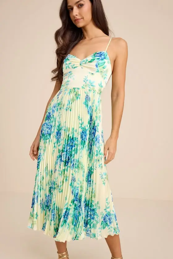 Francette Yellow Floral Satin Pleated Midi Dress