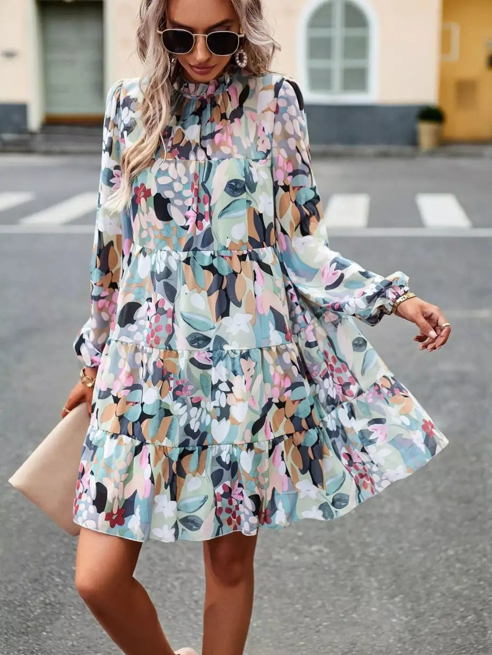 Wearable Cut Printed Long Sleeve Mini Dress
