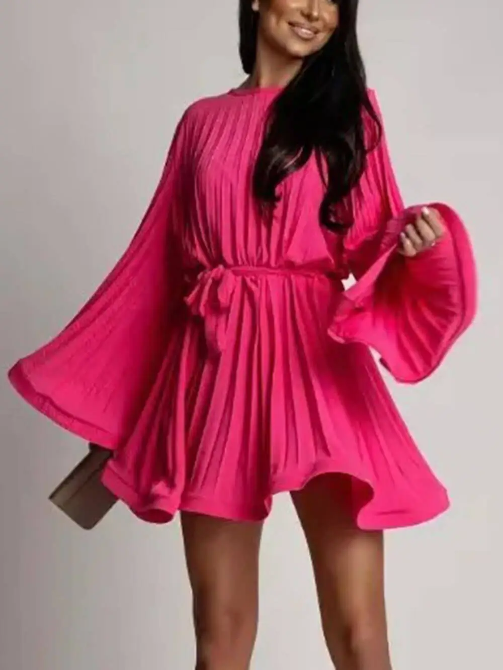 Round Neck Bell Sleeve Tie Mini Dress