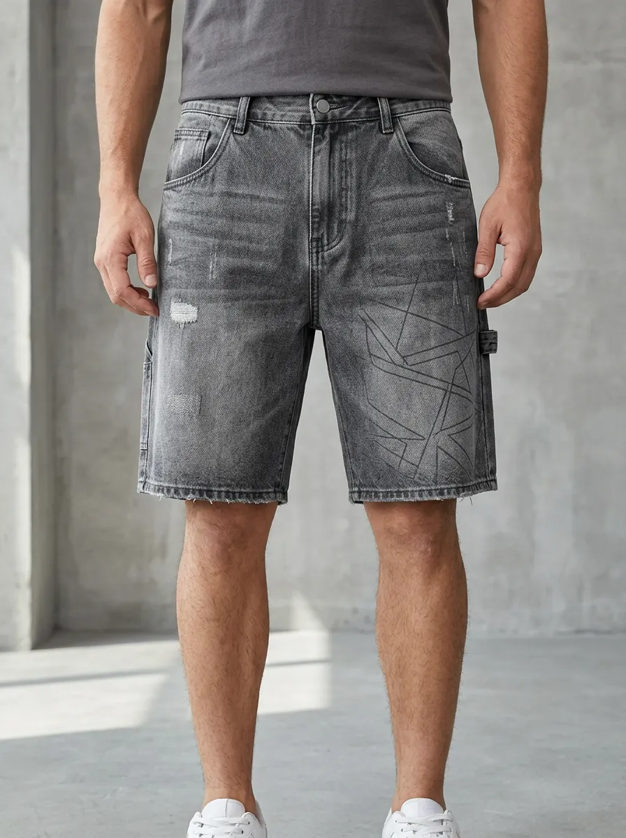 Men's Geometric Distressed Street Inspired Distressed Denim Shorts