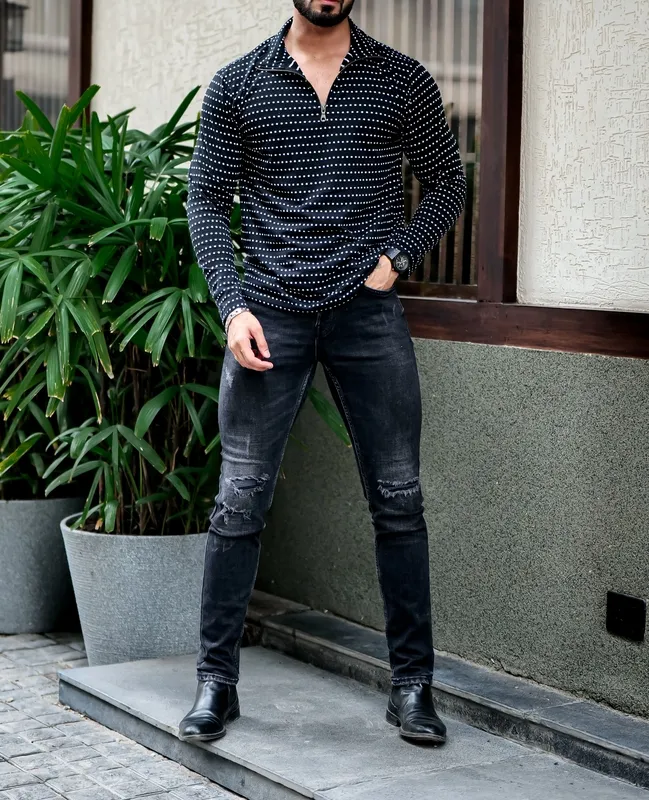 Black Button-Front Long Sleeve Casual Top