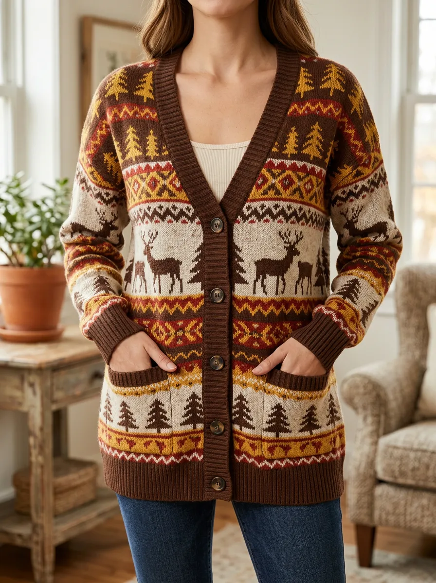 Women's Christmas Holiday Deer Pine Tree Printed Cardigan