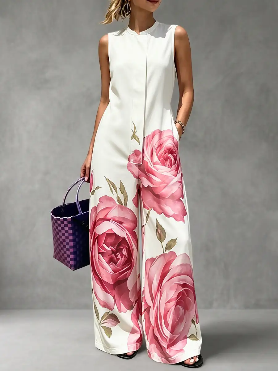 Jumpsuits Met Hoge Taille Losse Bloemenprint Geplooide Zakken