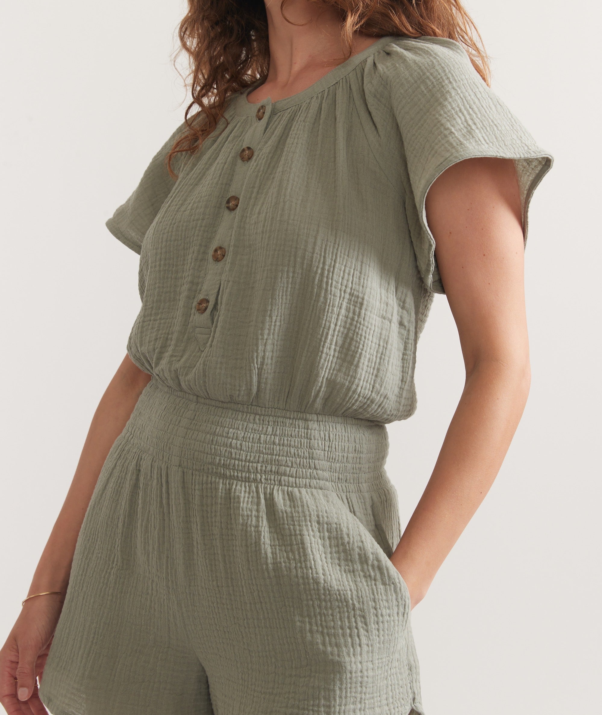 Short-Sleeve Smocked Cotton Romper