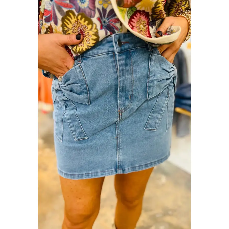 Acid Wash Bowknot Details High Waist Denim Skirt