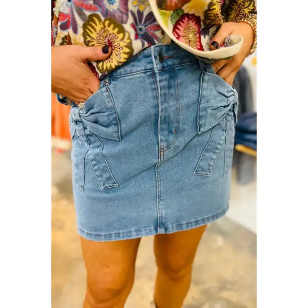 Acid Wash Bowknot Details High Waist Denim Skirt