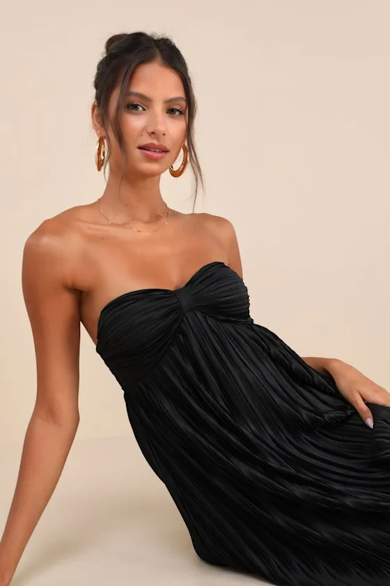 Whimsical Beauty Hot Pink Satin Plisse Strapless Maxi Dress