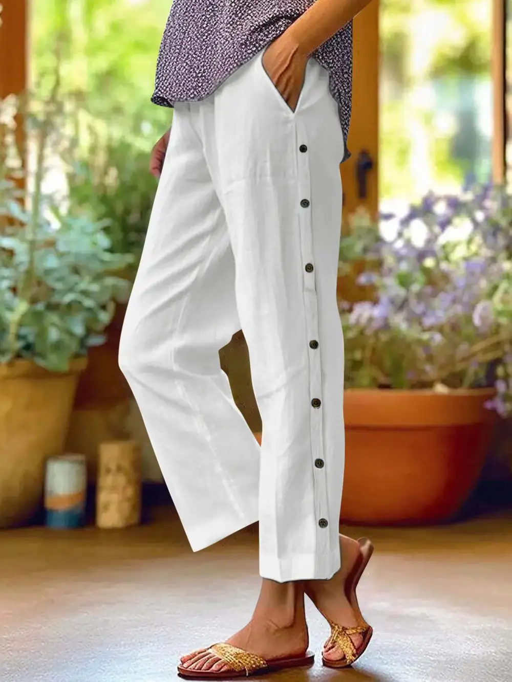 Side Decor Button Casual Wide Leg Pants