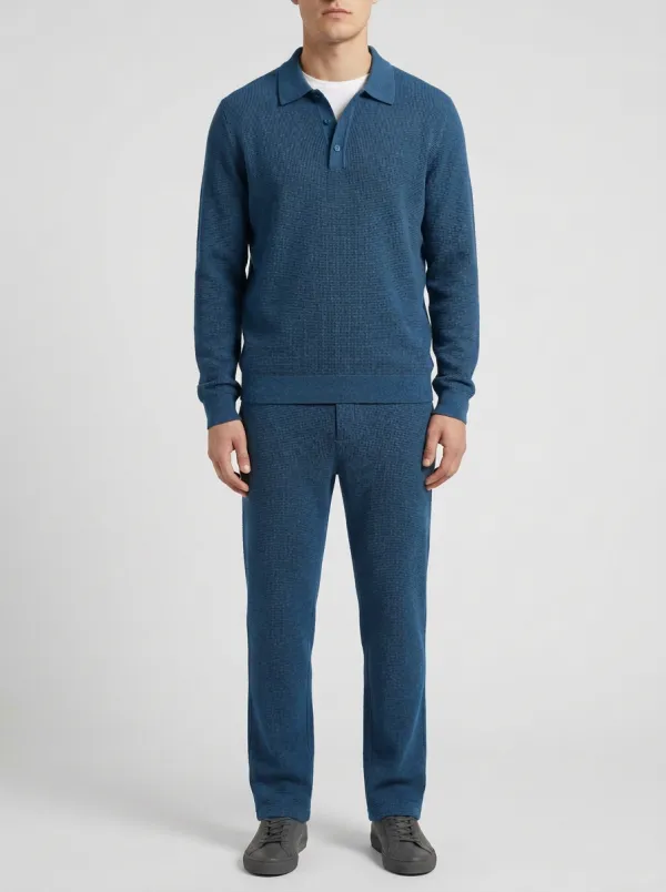 Men's Waffle Textured Minimal Polo Shirt and Pants Set