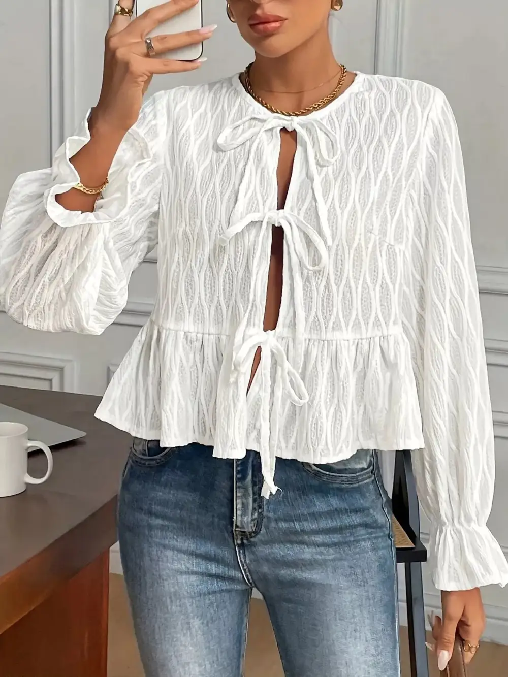 Refined Tie Front Flounce Sleeve Blouse