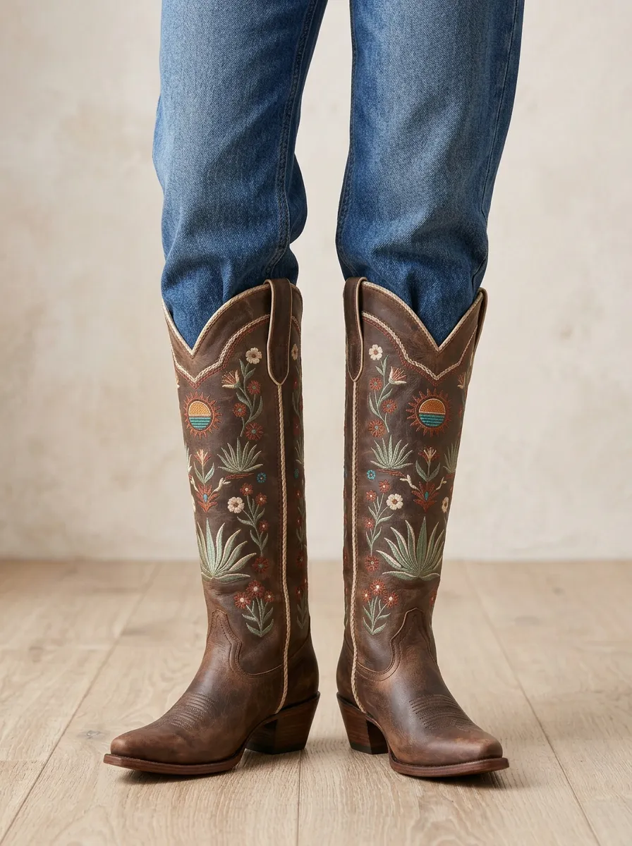 Women's Western Floral Sun Embroidered Piped Block-Heel Stacked-Heel Denim Over-the-Knee Boots