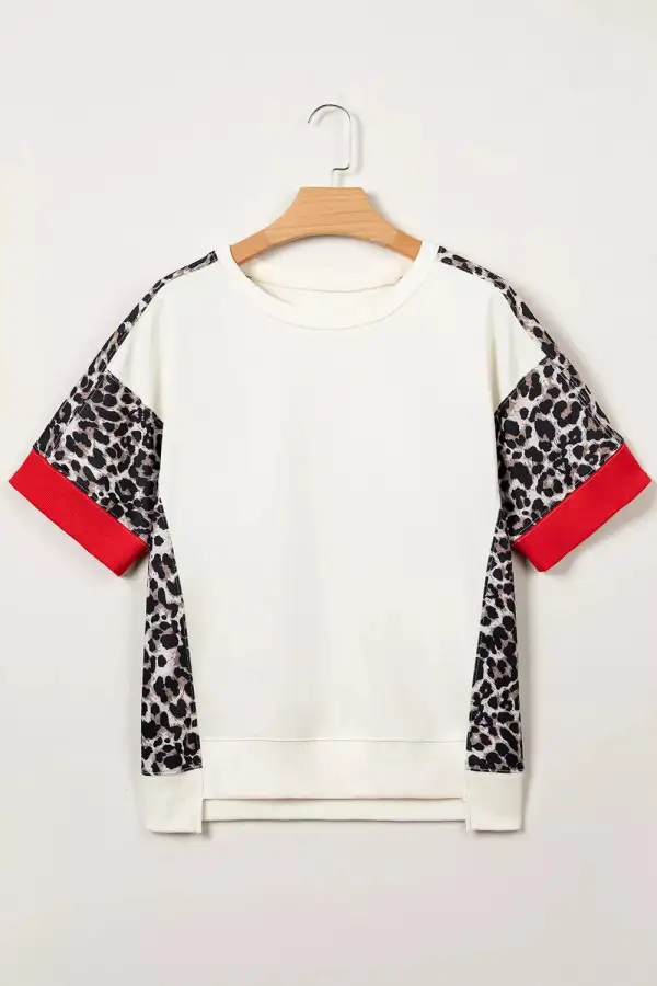 Leopard Block Patchwork Uneven Hem Short Sleeve Top