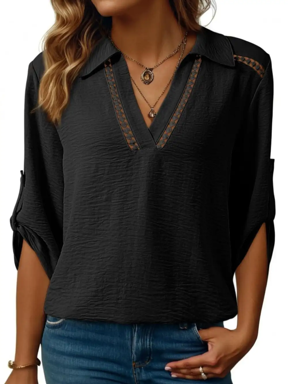 Collar Roll Up Sleeve Blouse