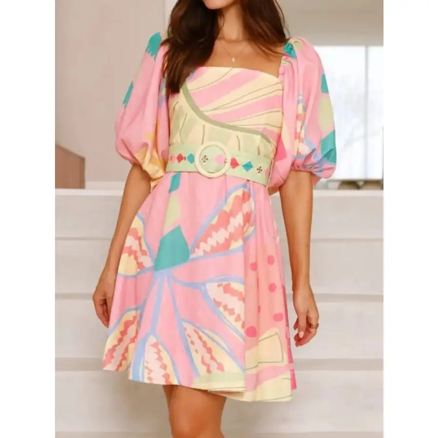 Colorful Print Belted Mini Dress with Puff Sleeves