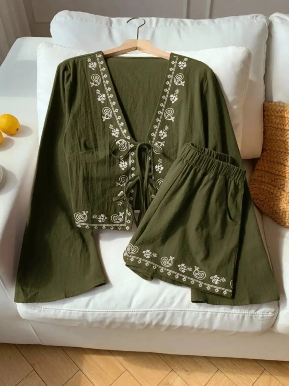 Embroidered Tie Front Top & Shorts Set