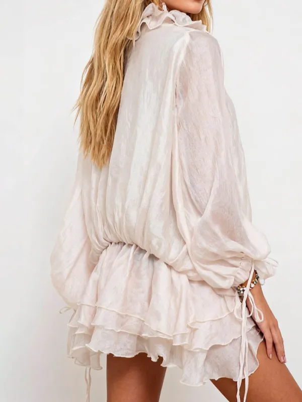 Ruffle Neck Sheer Chiffon Tiered Mini Dress