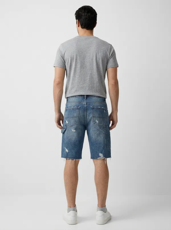 Men's Geometric Distressed Raw Hem Distressed Denim Shorts