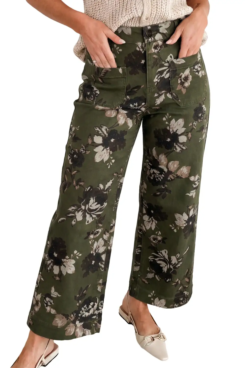 Vintage Floral Print Square Patch Pocket Raw Hem Shift Jeans