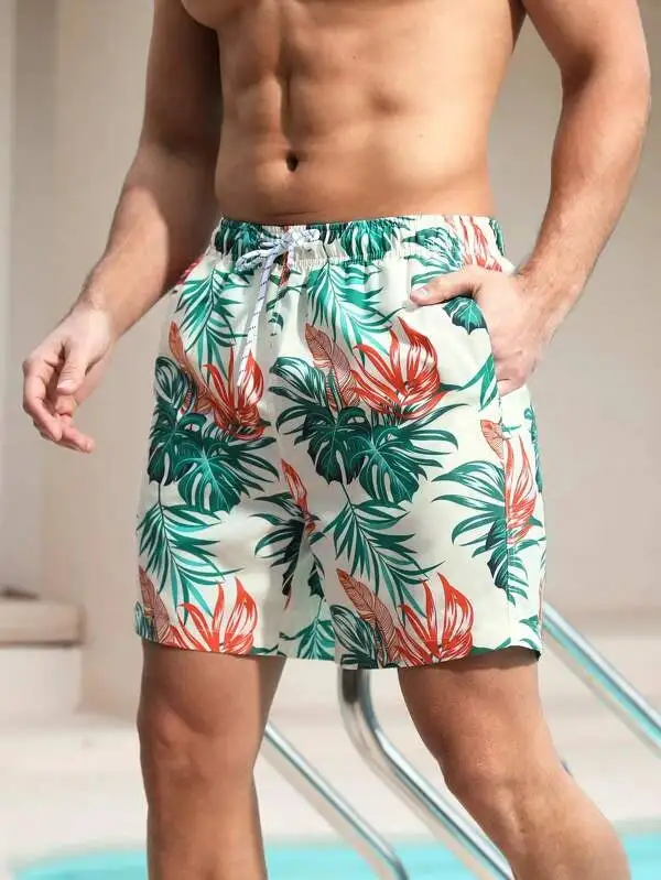 Men's Tropical Allover Print Drawstring Swim Trunks