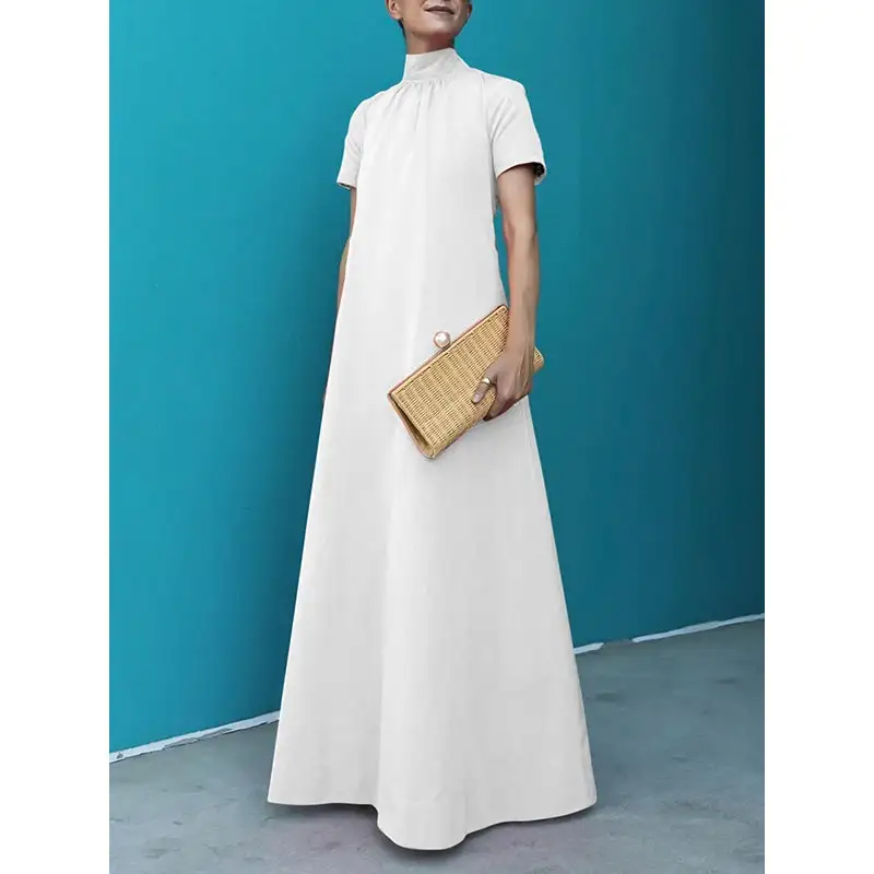 Tailored Cotton Blend High Neck Loose Maxi Dress